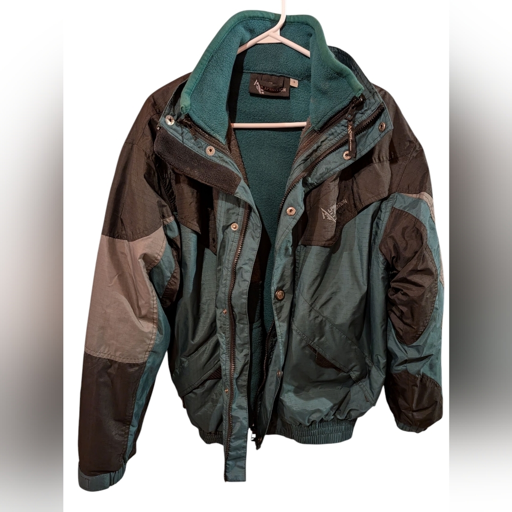 Vintage Men's Black and Teal Winter Jacket
